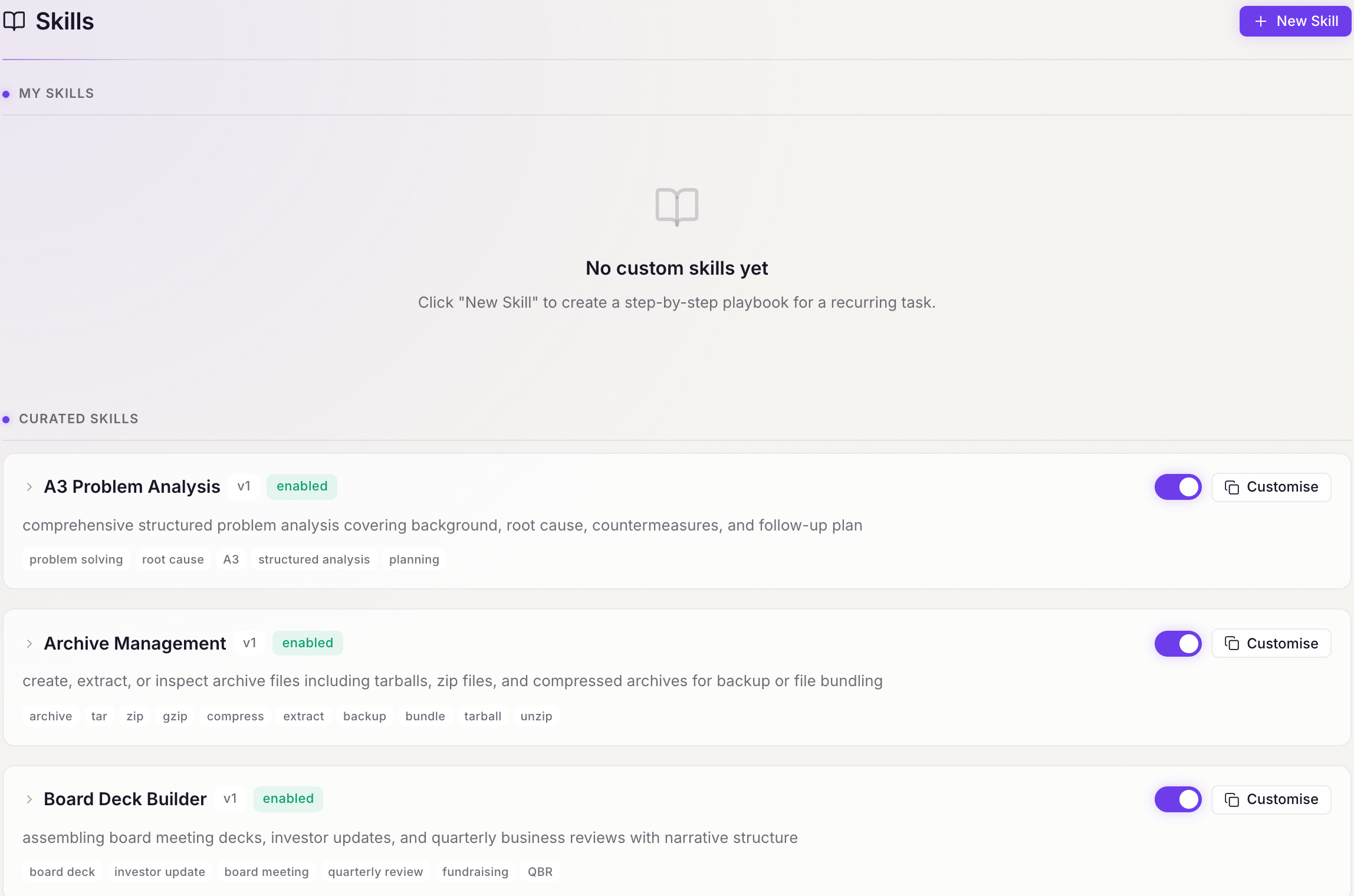 The Skills view in the Brain dashboard — curated and user-authored playbooks Chalie can follow.