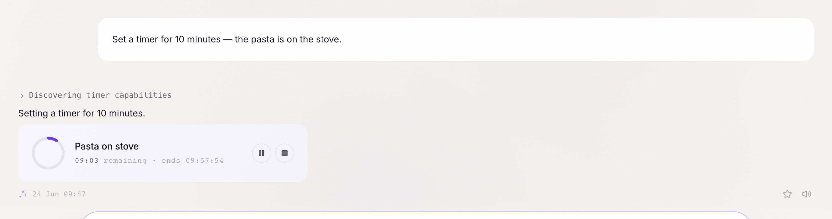 A live timer card ticking down right in the chat, with pause and stop controls.
