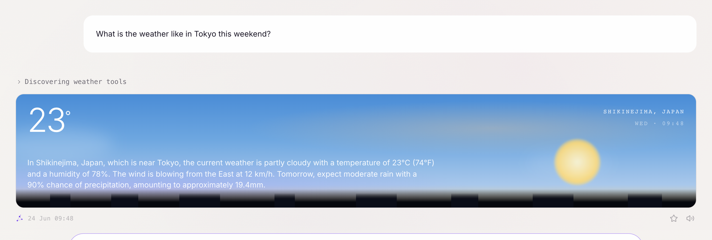 A rich weather card with current conditions and tomorrow's forecast, returned from a plain question.